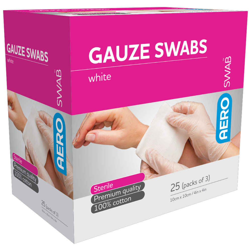 AEROSWAB Sterile White Gauze Swab 10 x 10cm Box of 25 (Packs of 3)