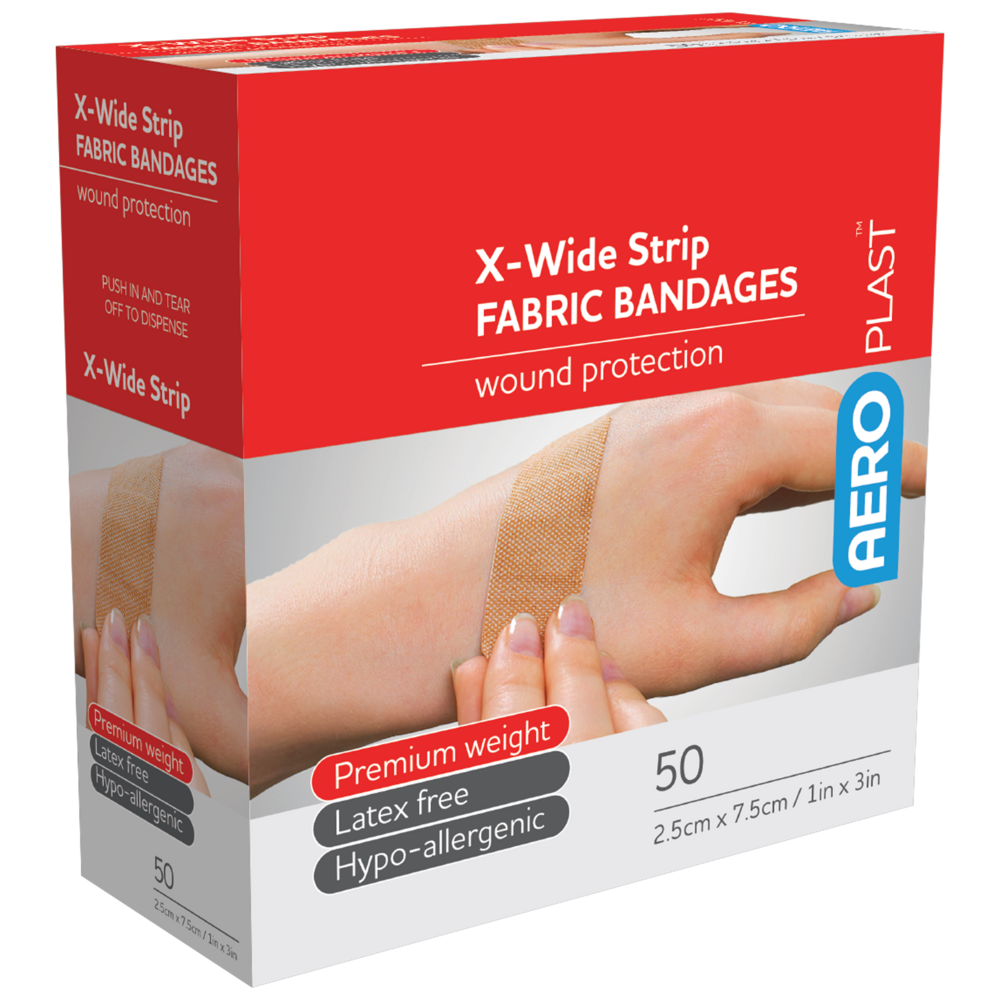 AEROPLAST Premium Fabric X-Wide Strip 7.5 x 2.5cm - 12 x Boxes of 50