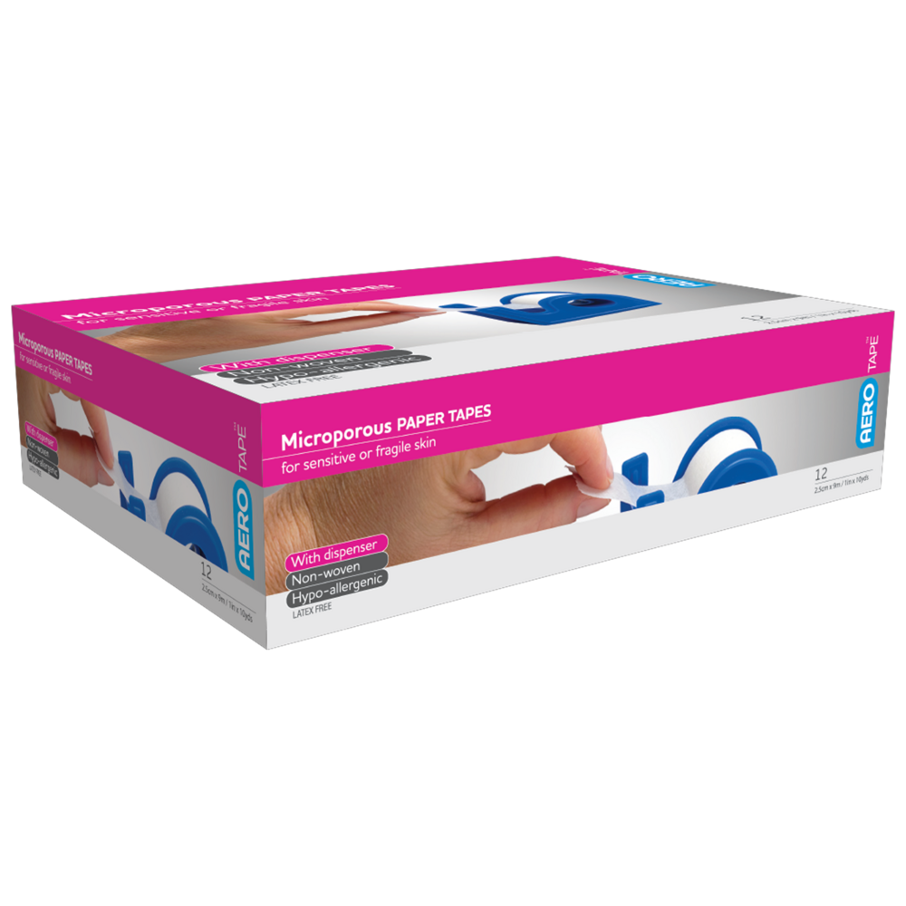 AEROTAPE White Microporous Paper Tape with Dispenser 2.5cm x 9.1M Box of 12