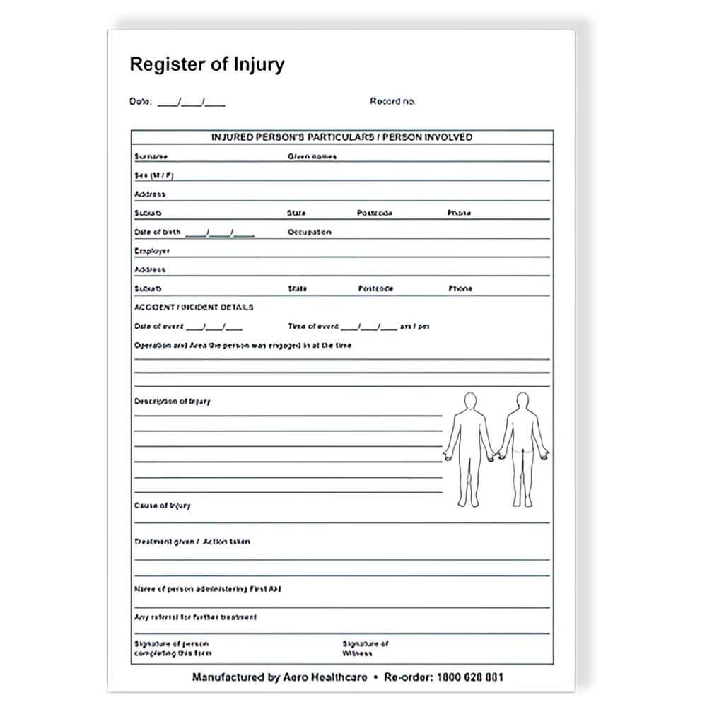 AEROSUPPLIES Register of Injuries Duplicate Pad 25 pages