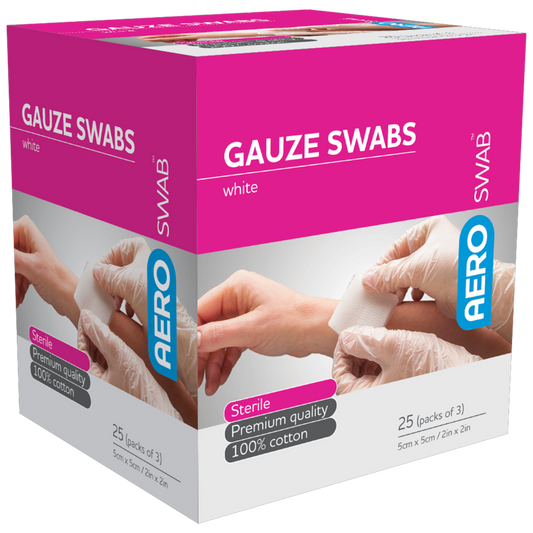 AEROSWAB Sterile White Gauze Swab 5 x 5cm Box of 25 (Packs of 3)