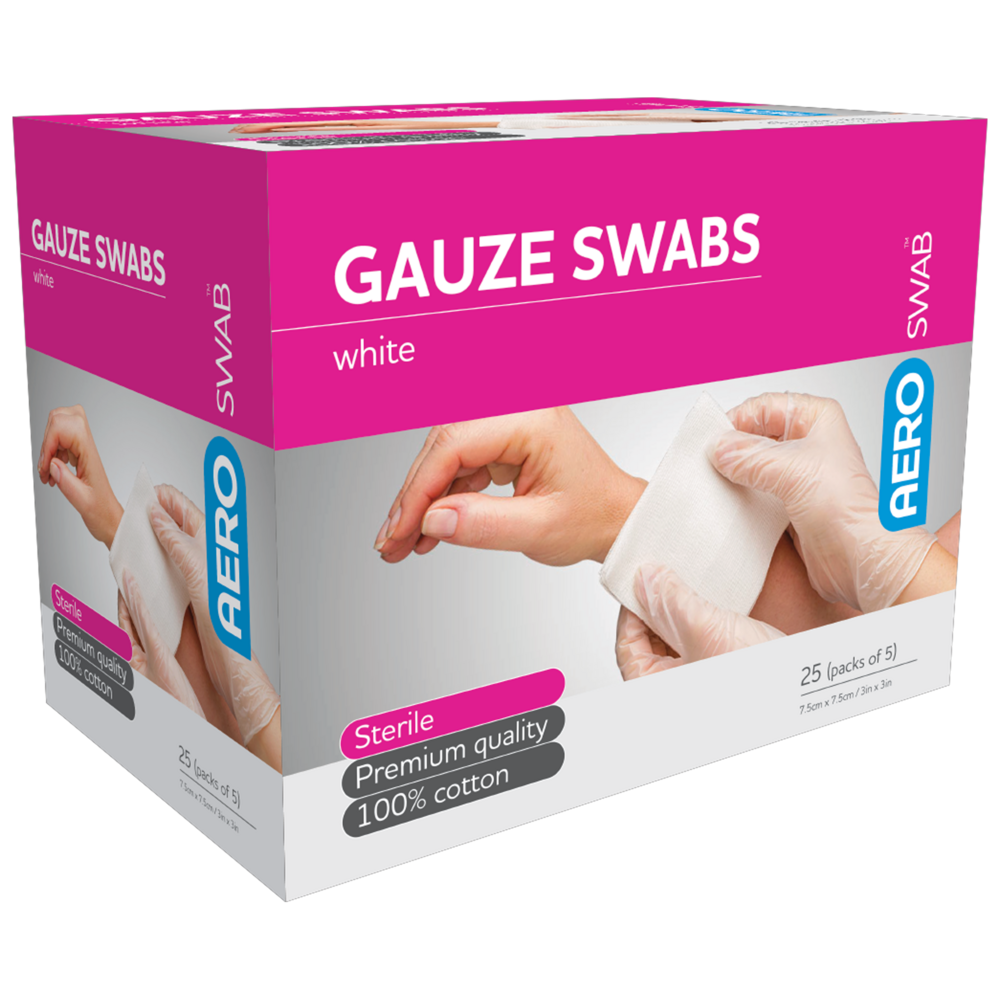 AEROSWAB Sterile White Gauze Swab 7.5 x 7.5cm Box of 25 (Packs of 5)