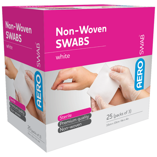 AEROSWAB Sterile White Non-Woven Swab 10 x 10cm Box of 25 (Packs of 3)