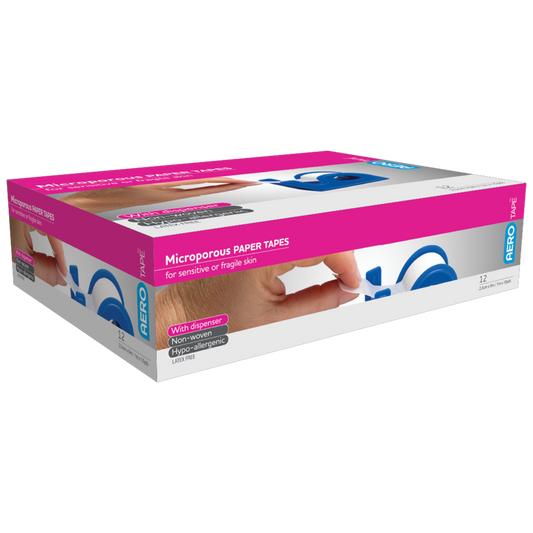 AEROTAPE White Microporous Paper Tape with Dispenser 2.5cm x 9.1M Box of 12